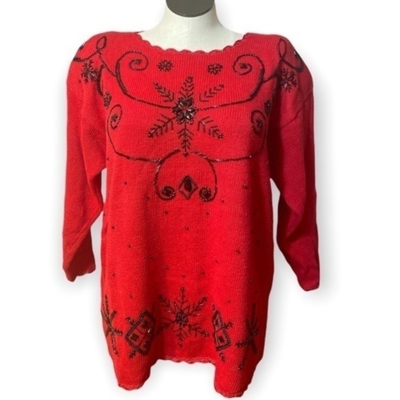 Shenanigans sweater Vintage Red black beaded holiday granny ugly Christmas Sz L - Picture 1 of 11